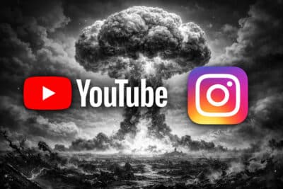 A grayscale image of a nuclear explosion mushroom cloud over a devastated landscape, with the YouTube logo and Instagram logo placed prominently in the foreground.