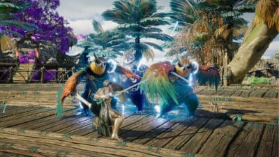 A character from AION 2 fighting some rather colourful owl creatures in a jungle setting.