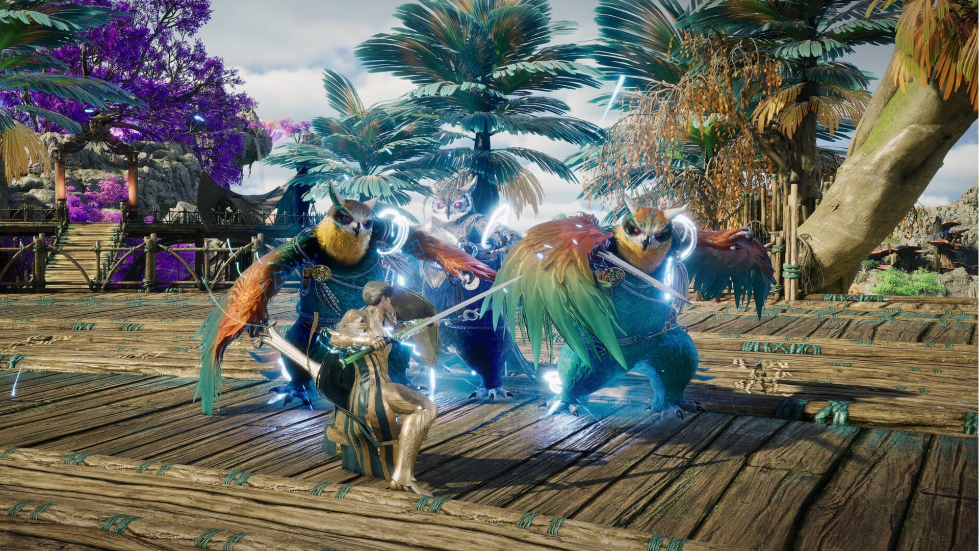 A character from AION 2 fighting some rather colourful owl creatures in a jungle setting.