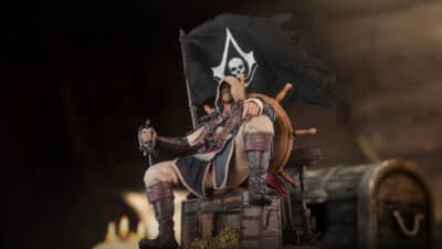 Picture of a the Black Flag assassin, sat in a captains chair with a ship wheel on his back.