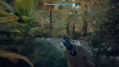 Image of a soldier in first person perspective running through a dense canopy jungle with a pistol pointing forward. From Battlefield 6 game engine.