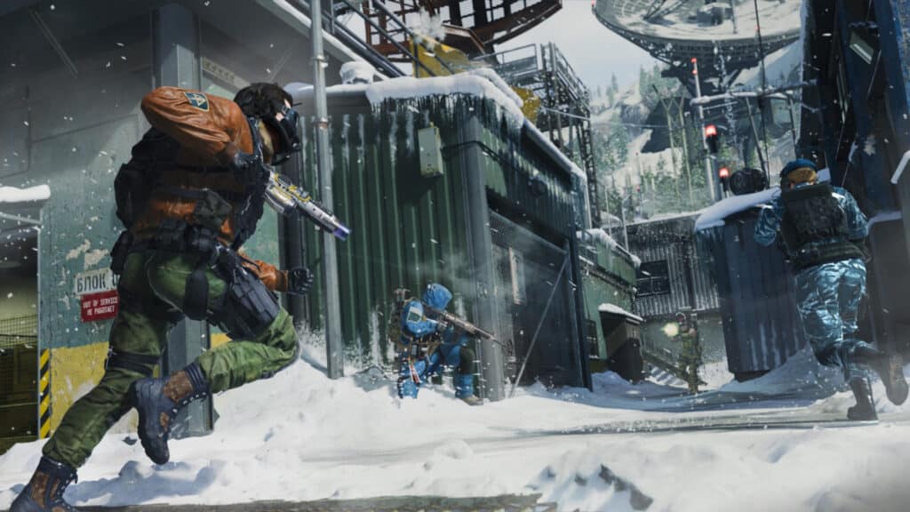 Picture of a remastered Summit map from Black Ops, featuring a metal summit weather station, with snow covering the metallic catwalks