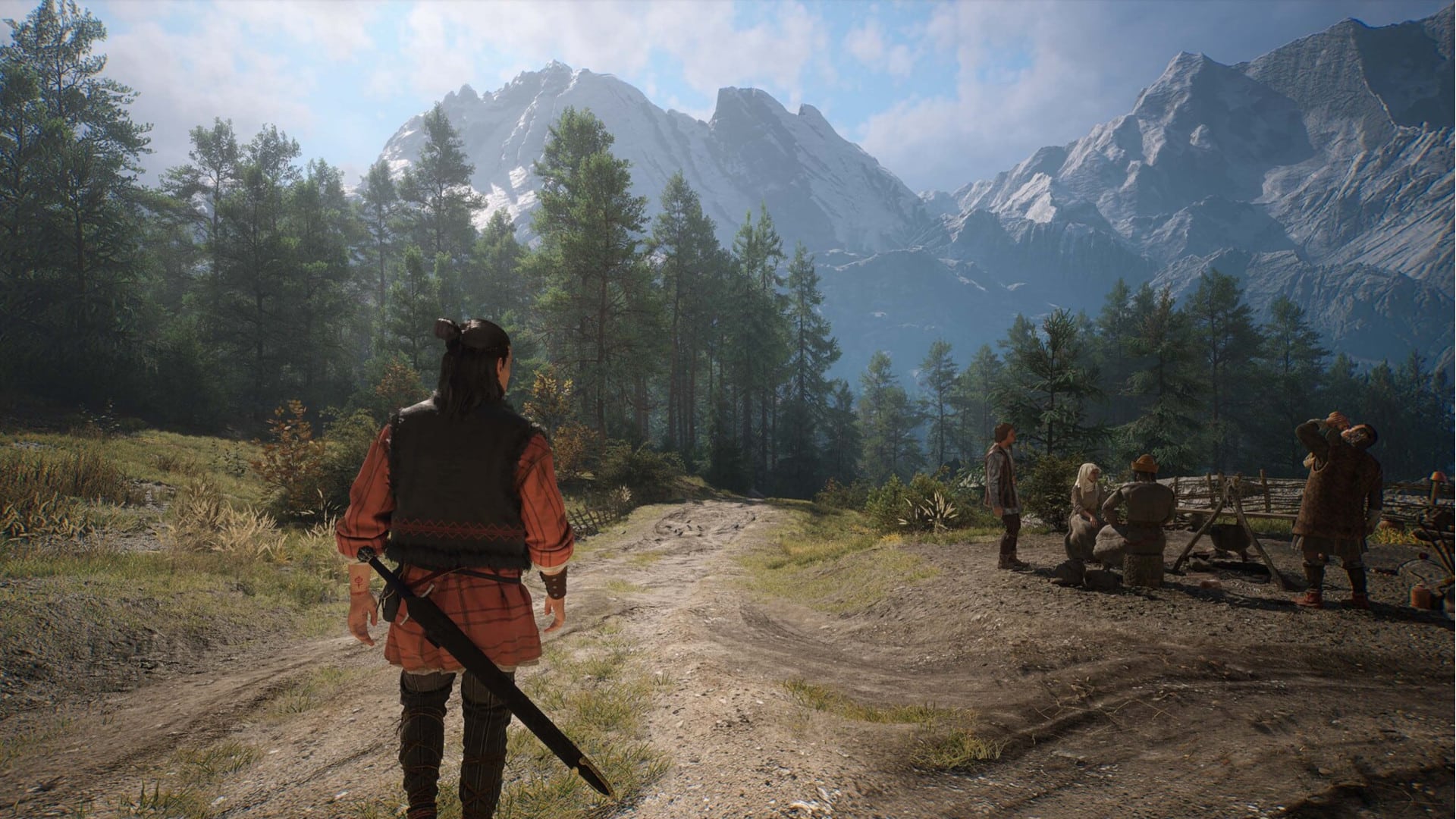 Image of a human walking through a european medieval countryside along a dirt road.