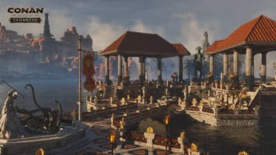 Picture of teh greek and roman theme dtie.lset with the new UE5 effects in Conan Exiles.