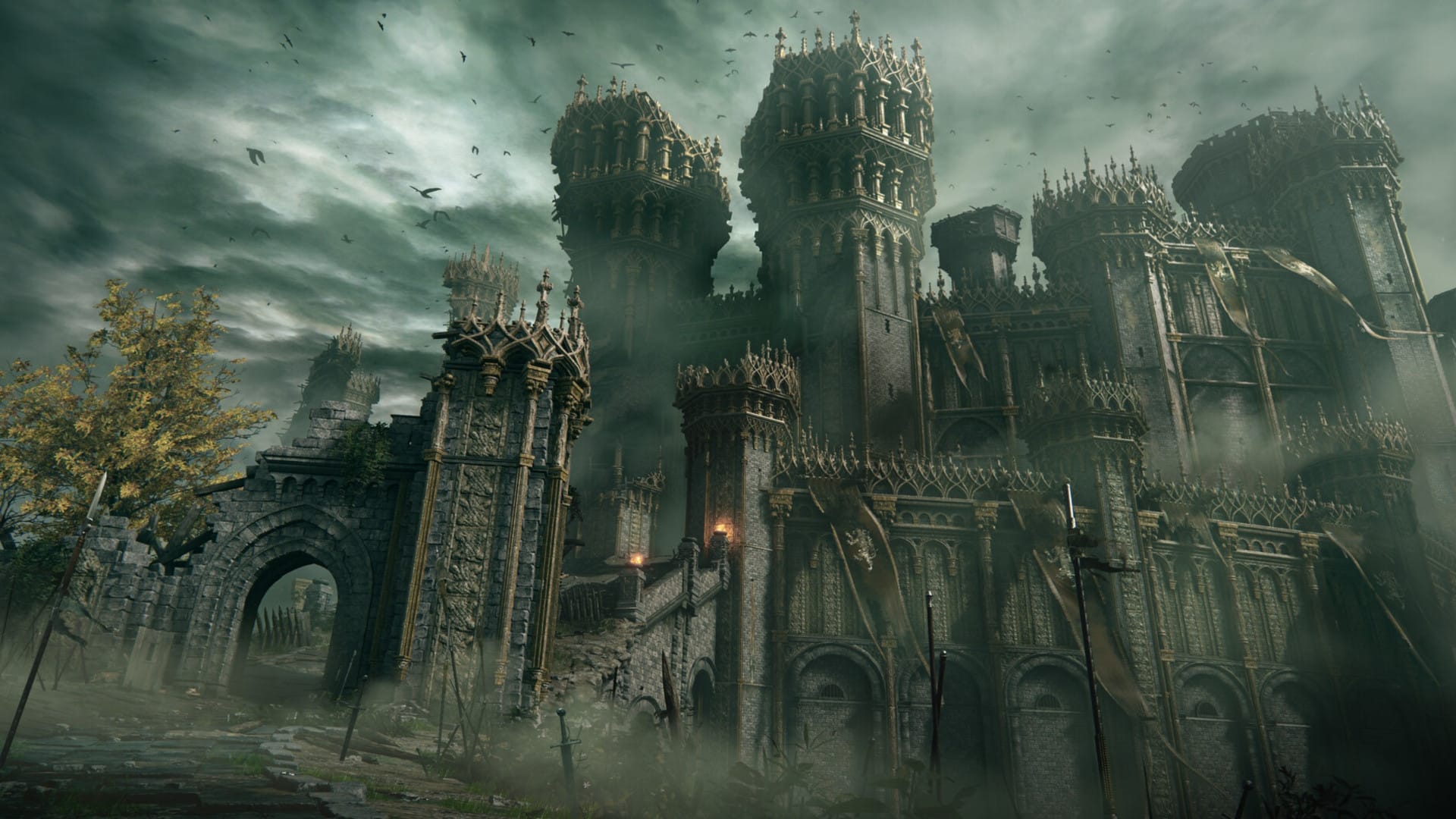 A castle from Elden Ring game, with its eery green sky, haunted castle aesthetic and a murder of crowns hovering above it.