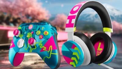 Picture of the neon green and pink controller and headset for Forza Horizon 6, with a cherry blossom sping background