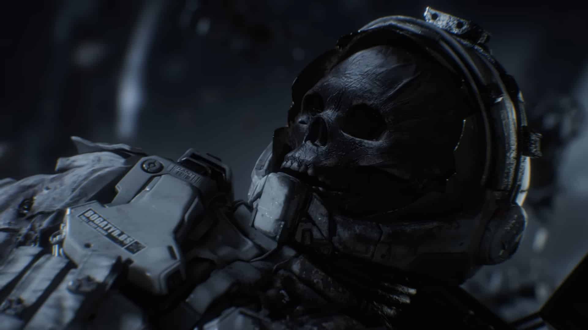 Image of a decayed astronaut witha cracked visor floating around in space of a ruined frigate.