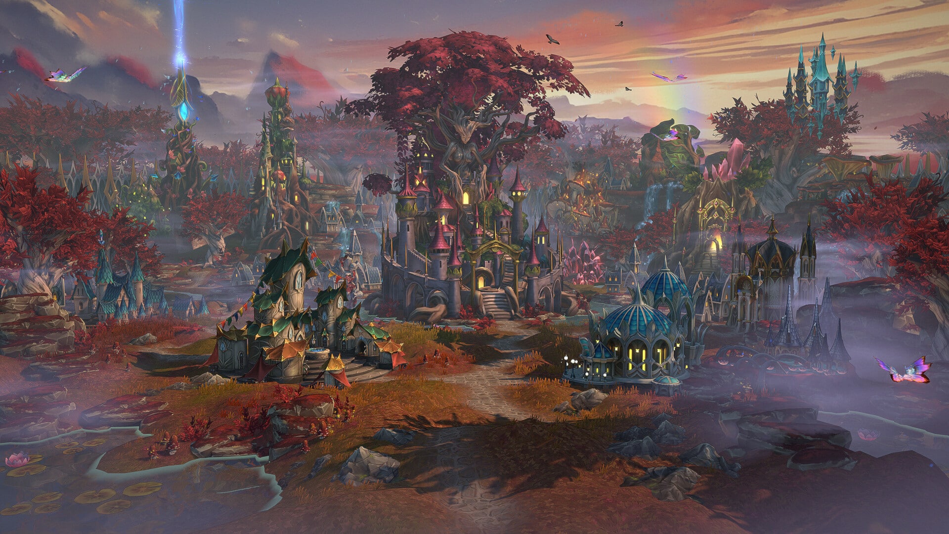 Image of a nature themed city centered around a great tree from Heroes of MIght and Magic