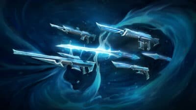 Image of Kuronami set from Valornat, featuring guns nd swords in the aesthetic of a ghostly blue and while asian spirit theme.