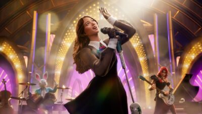 Laufey in a cartoon art style in Fortnite, with a theme of a rock band like game mode.