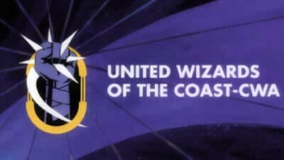 Unionization banner for the workers of the Wizards of the Coast depertment.