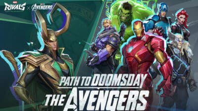 Picture of he Avengers versus Loki in the art style of Marvel Rivals.