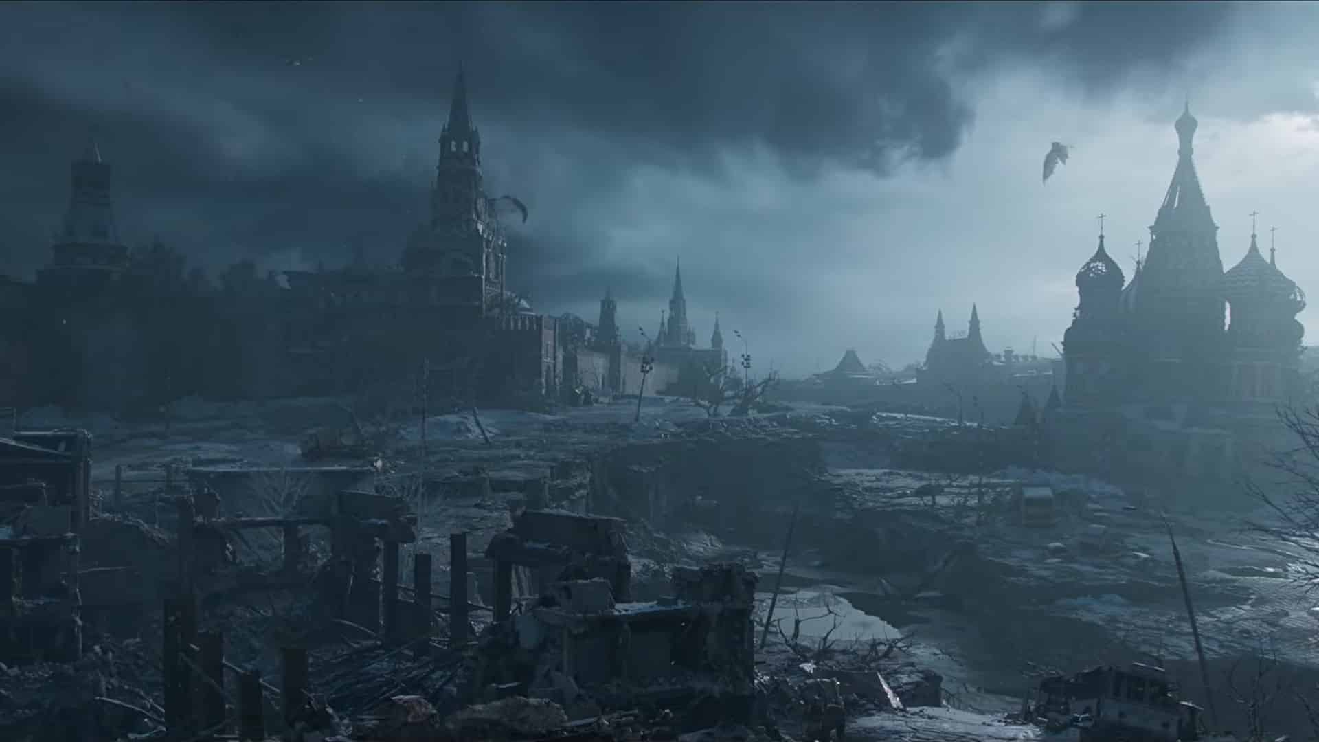 Image depicting a radioactive wasteland of Moscow from teh Metro games, pictured with the kremlin and some dragons flying around.