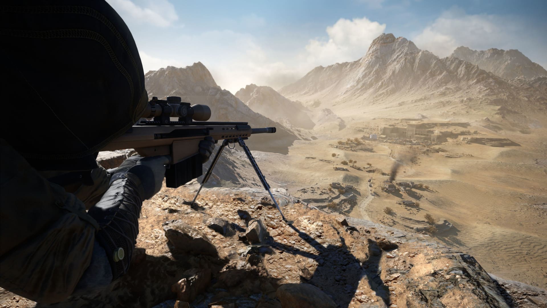 Sniper over looking a desert dune valley compound