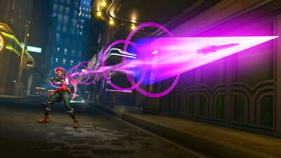 New hero in Overwatch called Sienna, a south american girl firing a homing tracking device from her gun with a purple aesthetic glding through a city street.