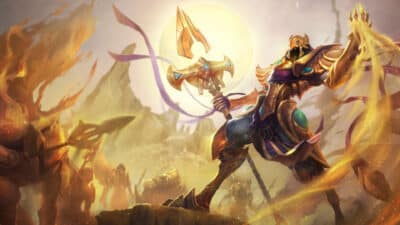 Image of the sandy desert eagle, Azir, from League of Legends, depicted with Egypt style aesthetics.