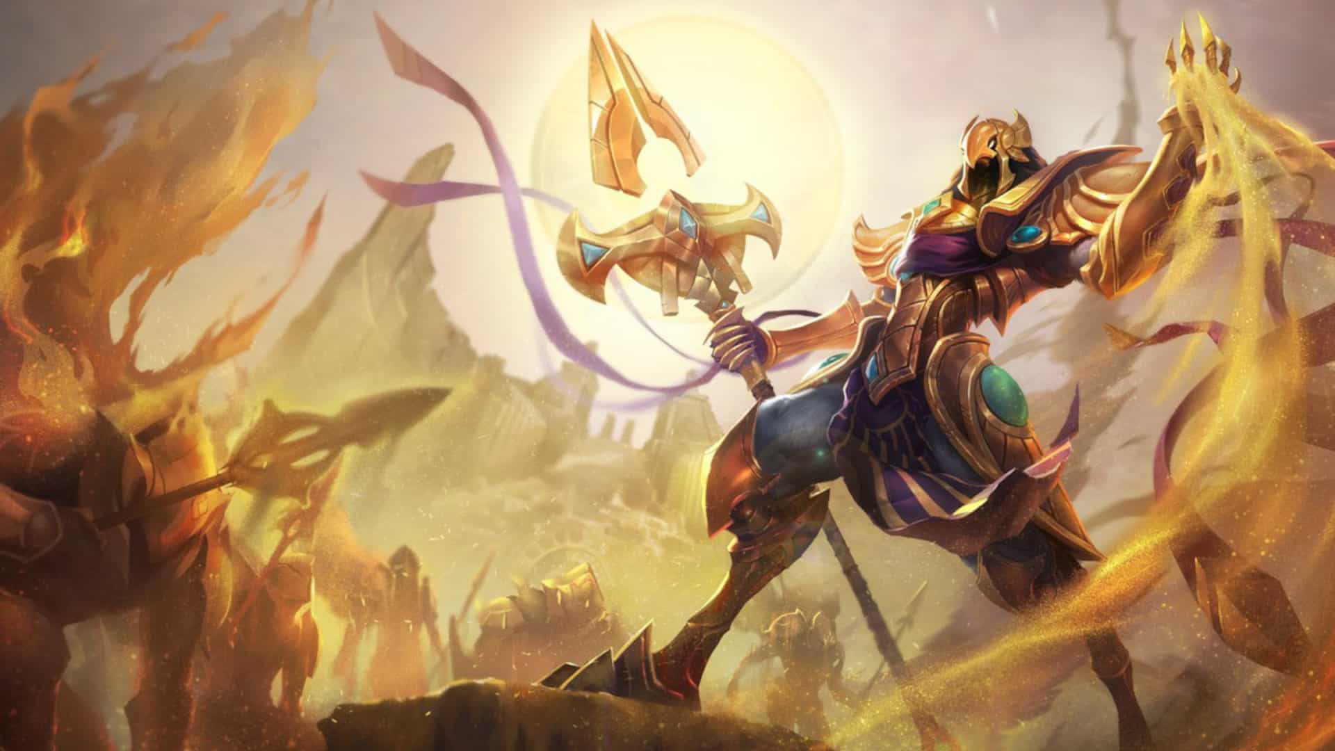 Image of the sandy desert eagle, Azir, from League of Legends, depicted with Egypt style aesthetics.