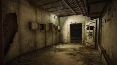 Image of an opened doorway to a dark, ominious lab in a fallout wasteland.