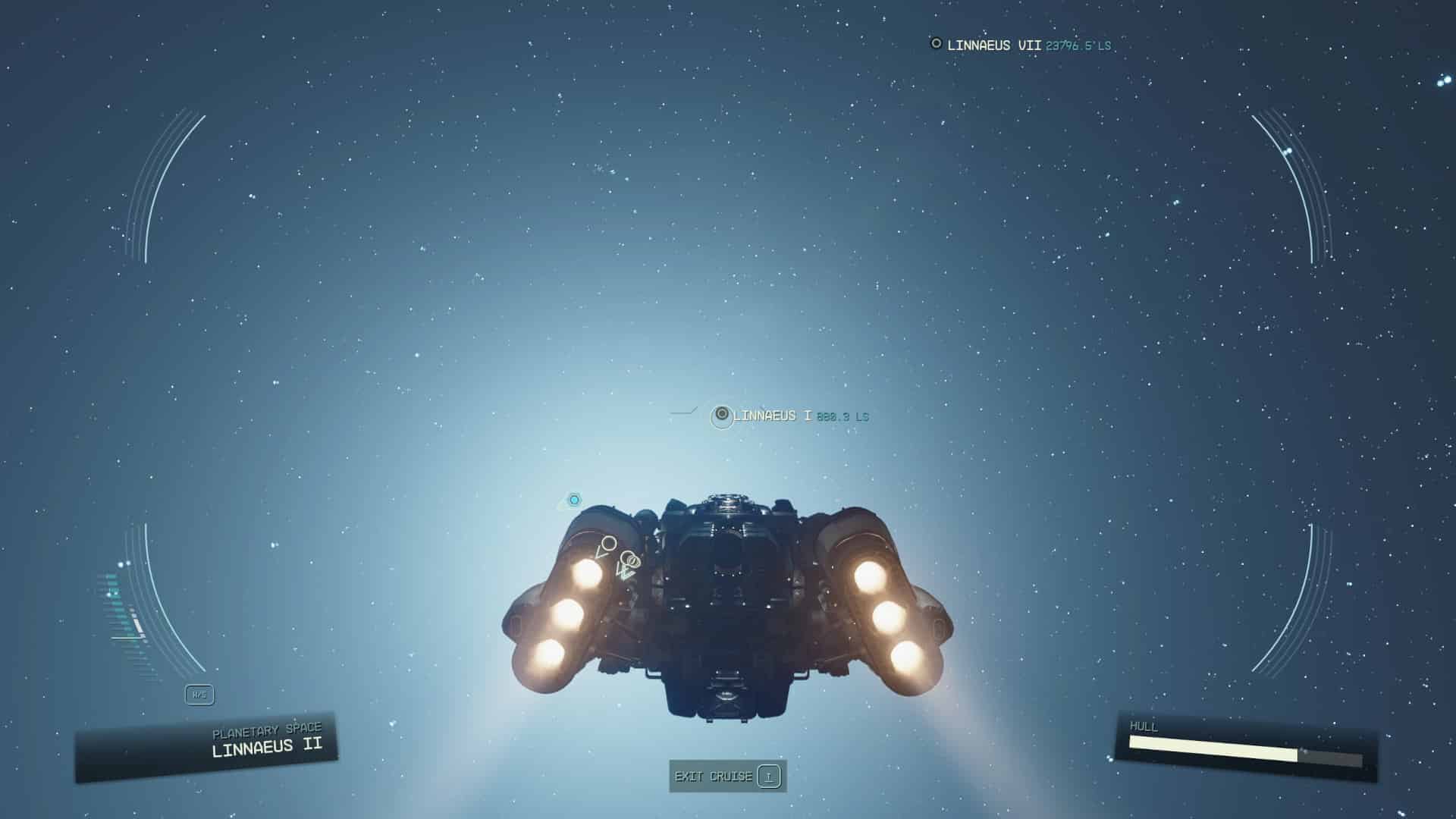 Picture of a space ship in space flying towards a distant planet