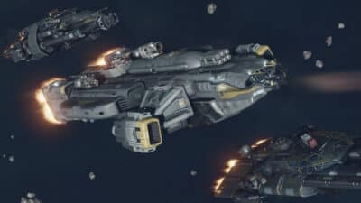 Space ships from Starfield flying together around asteroids.