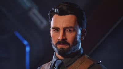 Image of a man from the Expanse, Osiris Reborn beta in a dark mettalic office.