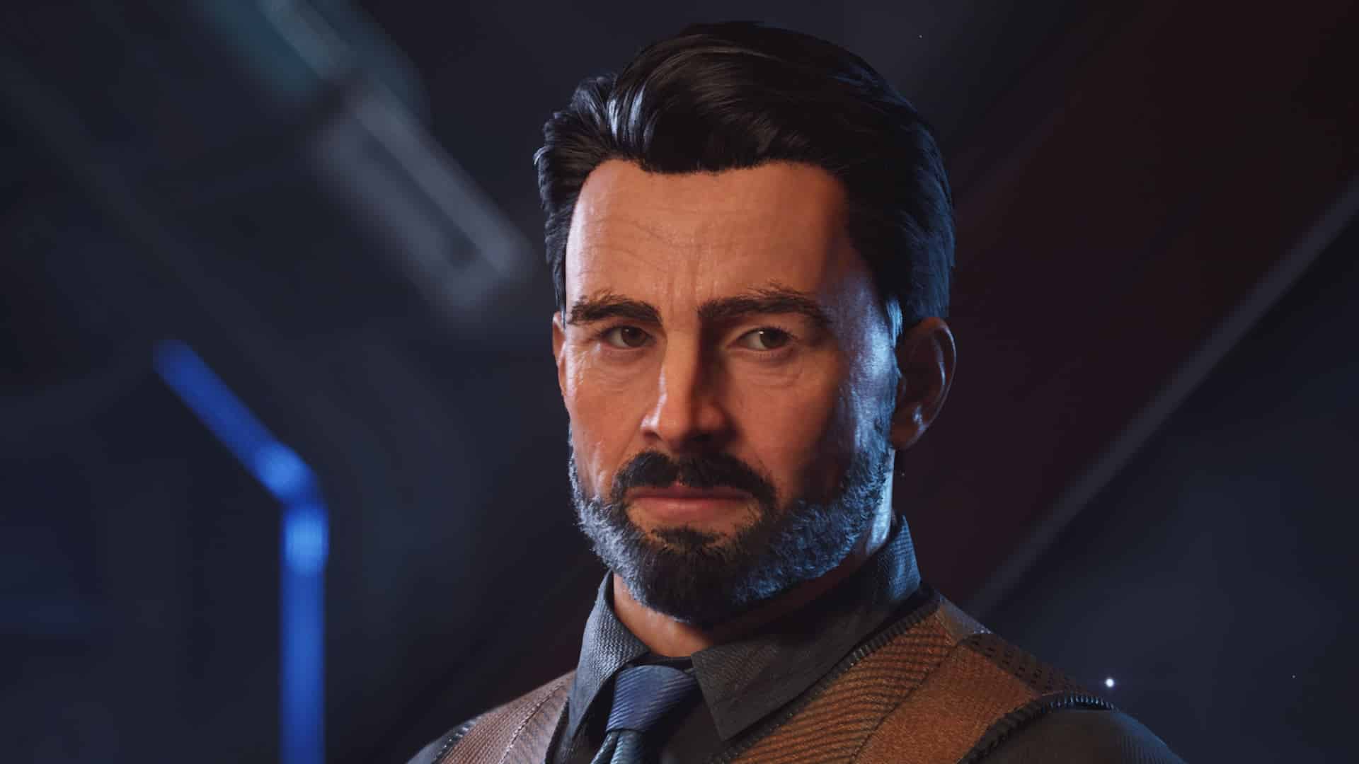 Image of a man from the Expanse, Osiris Reborn beta in a dark mettalic office.