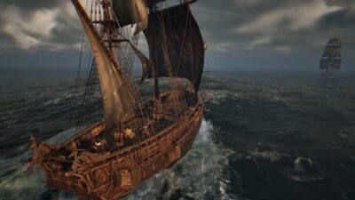 Picture of a wooden pirate ship sailing off into the seven seas in a game.