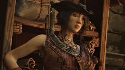 Image of a pirate woman from Windrose game leaning inside a wooden building.