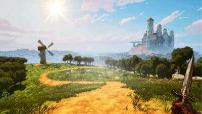Image of a 2d retro 3d engine game set with a pixel farmland with adistant castle