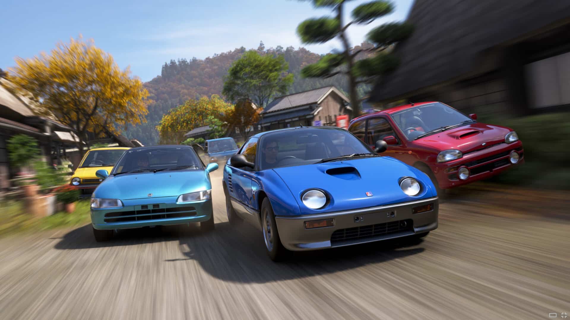 Image of cars racing in a japaense village street.