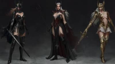 Image of some of the female armor ranging from golden angelic Conan style Hewoman, to vampire grim dark armor outfits.