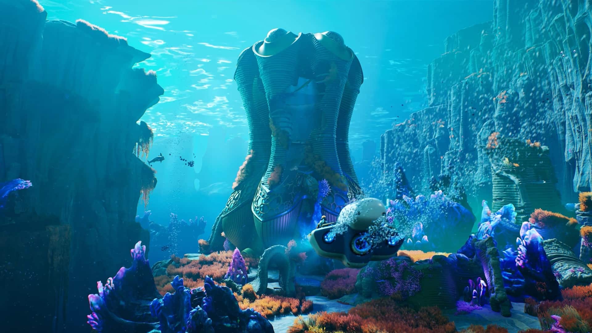 Submarine from Subnautica 2 gliding through the water world.
