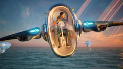 Image of a submarine like vehicle gliding through waters from Subnautica 2