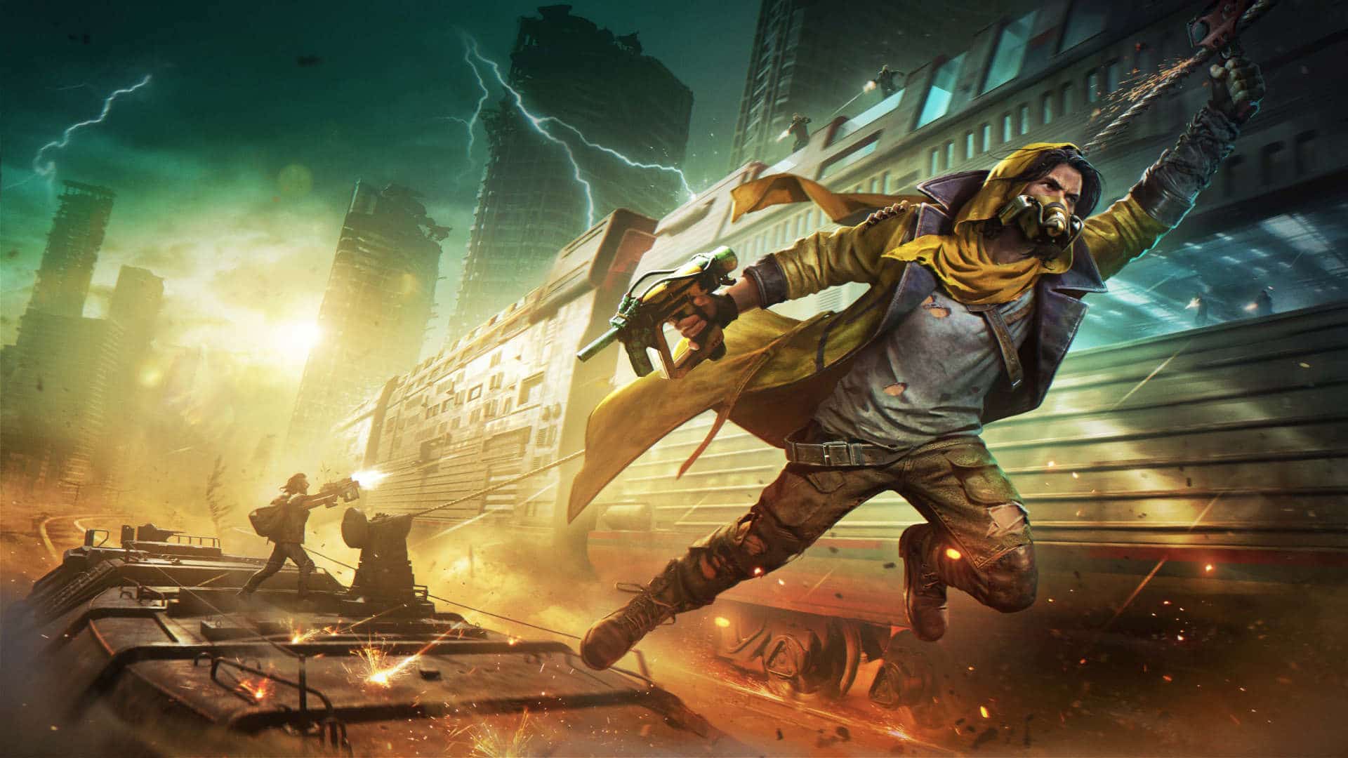 Image foa stema pubnk post apocalyptic raider wearing a gas mask while boarding gigantic mad max like train.