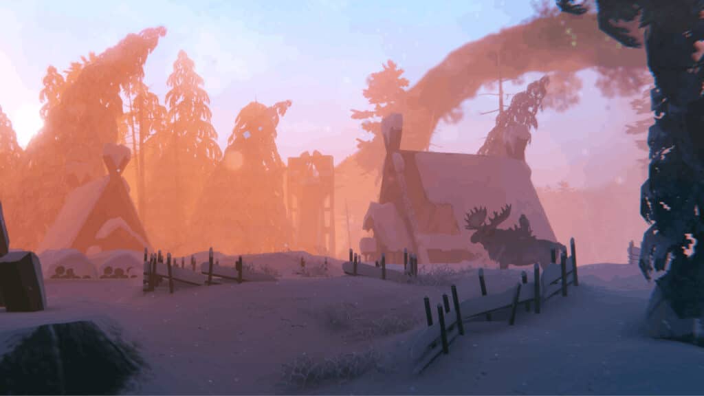 Image of the Deep North biome from Valheim's full release, with snowed in village in picture.